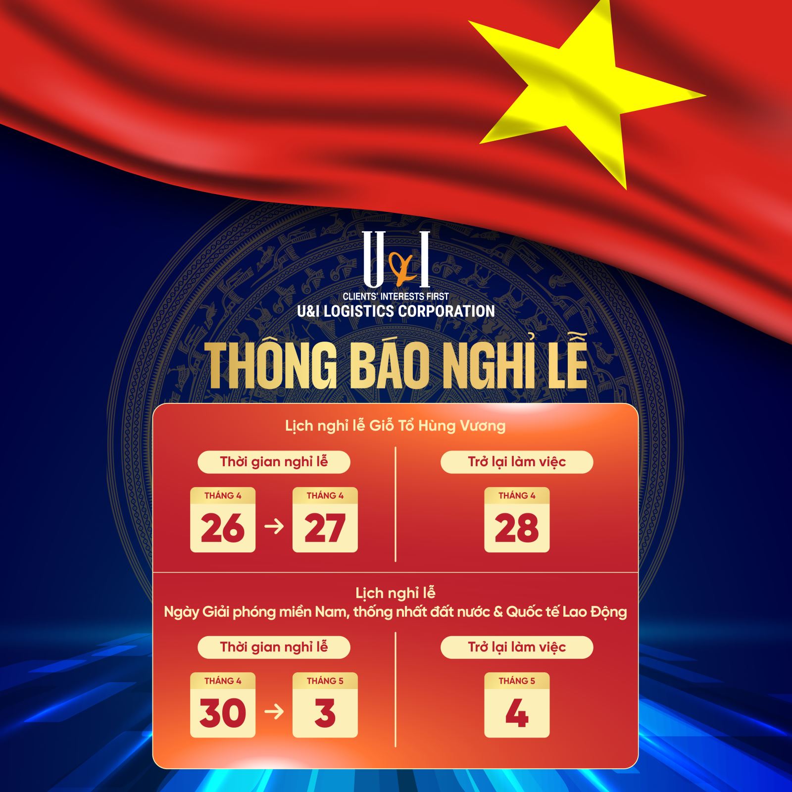 THÔNG BÁO LỊCH NGHỈ - LỄ GIỖ TỔ HÙNG VƯƠNG, NGÀY GIẢI PHÓNG MIỀN NAM VÀ NGÀY QUỐC TẾ LAO ĐỘNG 2026